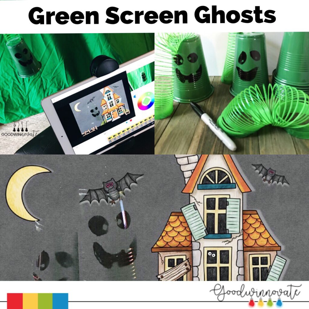ipad with haunted house background using Doink green screen app, green plastic cups with faces drawn on them and green slinky, photo of see through cups to look like ghosts